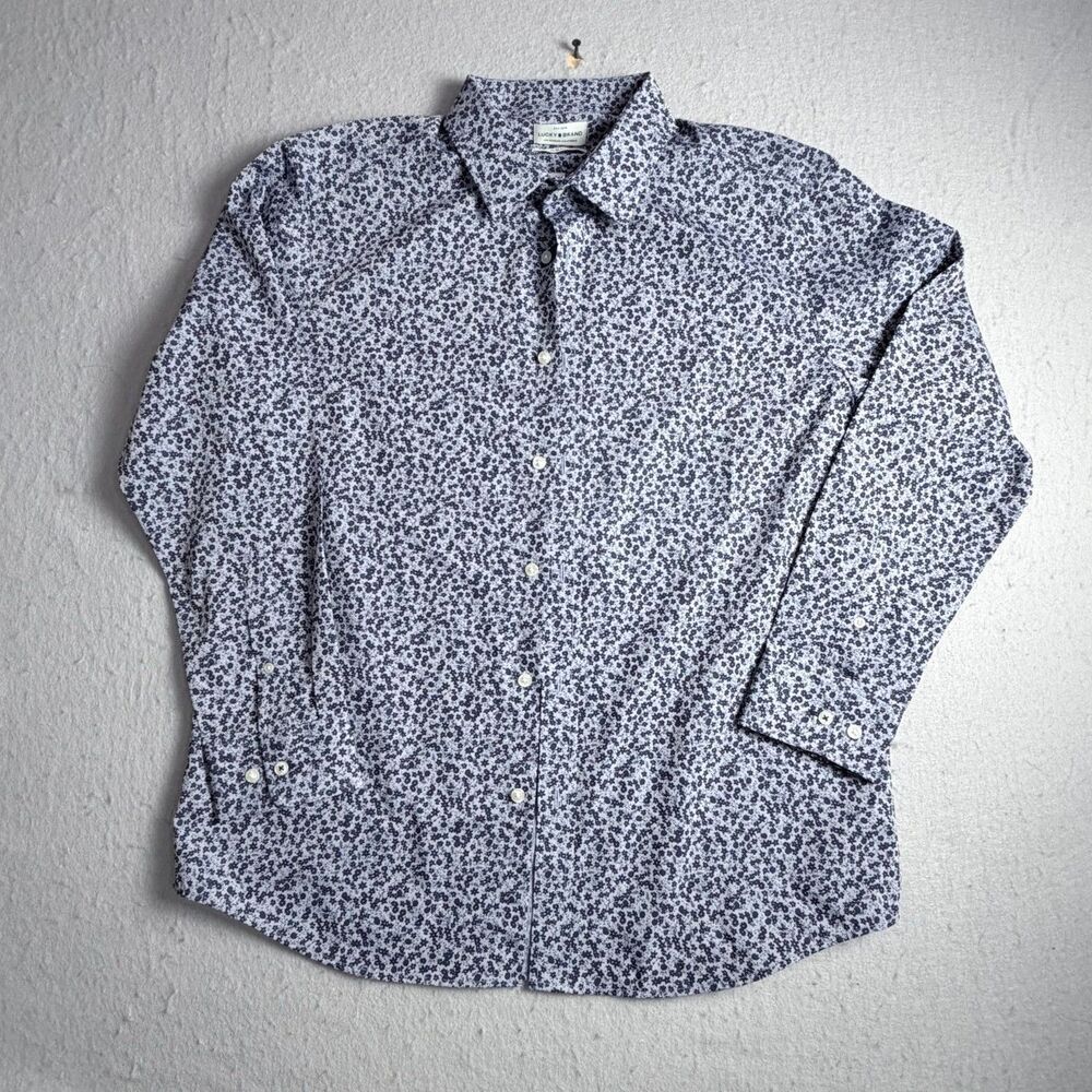 NWT Lucky Brand L Men Long Sleeve Button Up Dress Shirt Slim Floral Blue Paisley